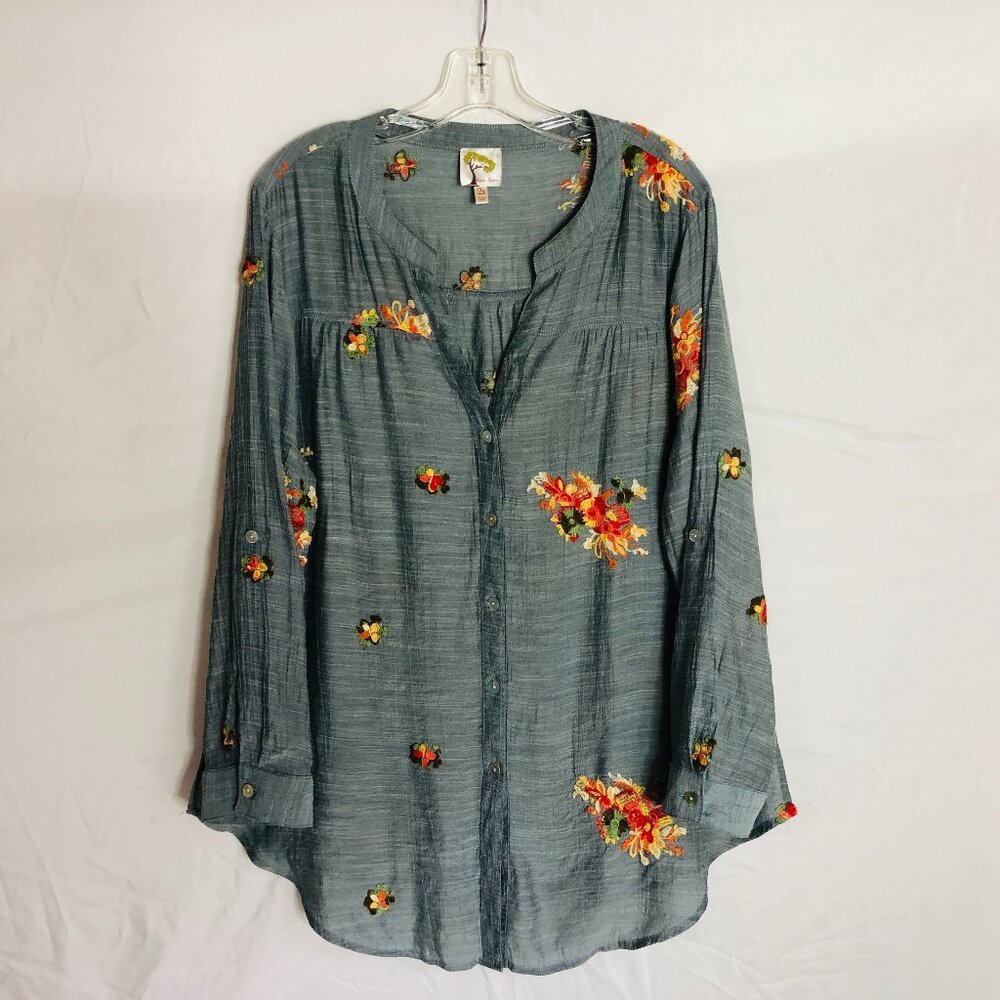 Fig & Flower Anthropologie Women's Plus 2X Boho Floral Embroidered Blouse Tunic